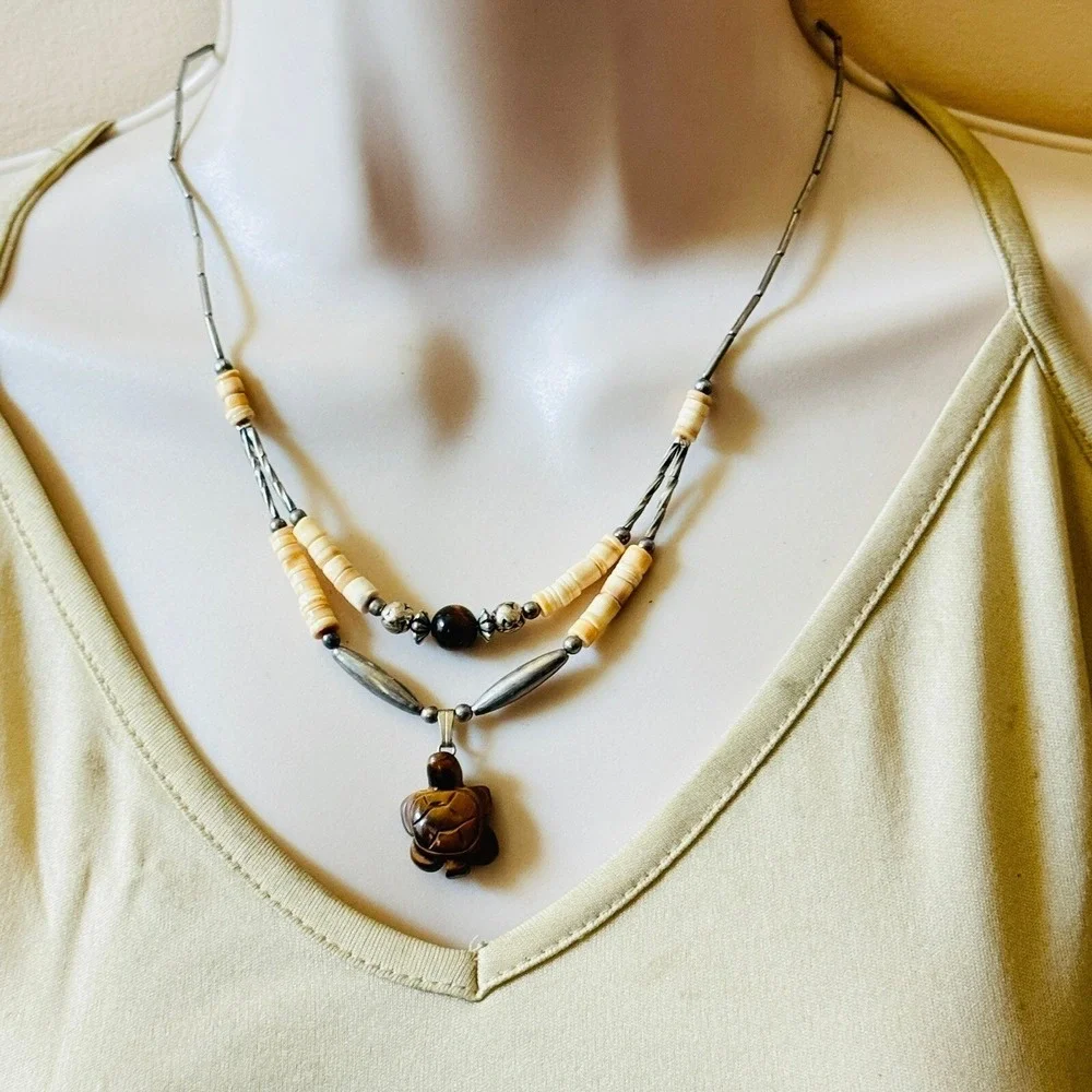 Vtg NAVAJO Turtle heishi Necklace‎ tiger's eye Zuni Native American silver 20